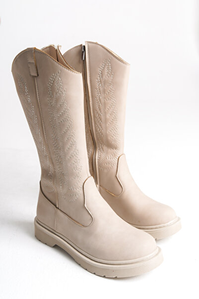 Bak Store Dar Kalip Beige Leather Matte Embroidered Zippered Western Cowboy Women's Boots with Stitched Soles