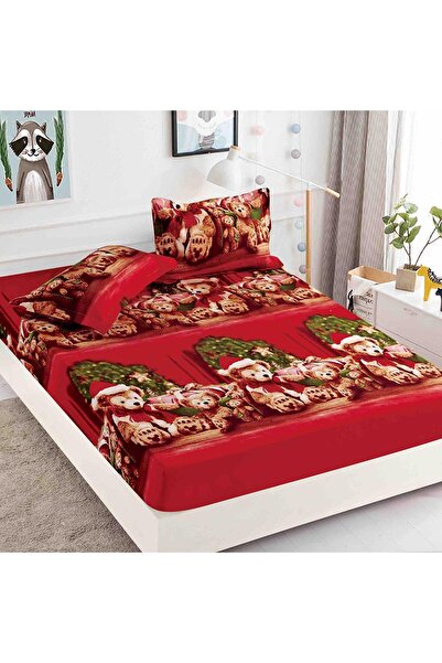 OEM Bed cover set, Christmas Edition, 3 pieces, 180x200cm, Red, Teddy bear