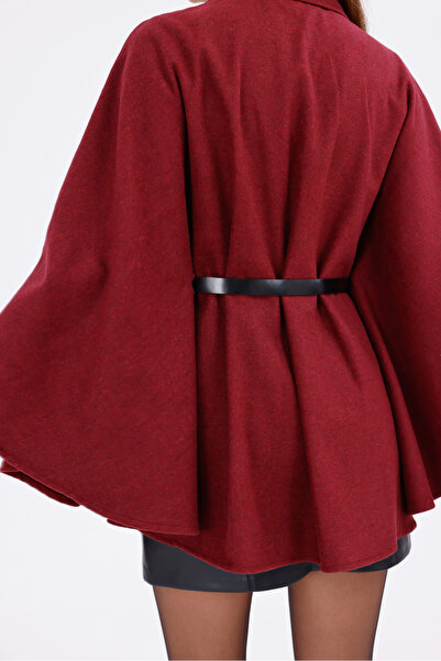 Firststops Women's Burgundy Tok Duruşlu Plush Poncho – Warm Clothing with Waist Detail
