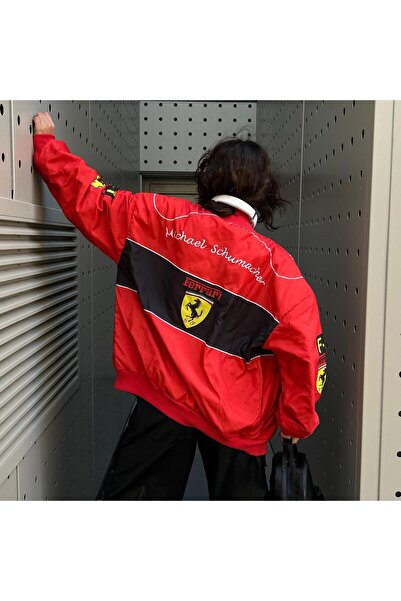BİQ & TAQ BUTİK Black Red Ferrari Patterned Racing Unisex Oversize Bomber Jacket