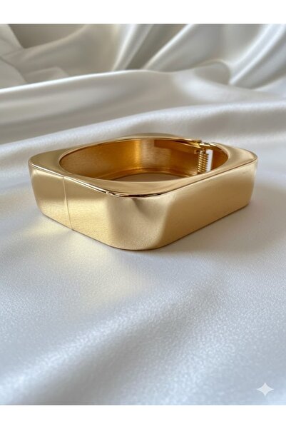 RÜYA KUTUSU TAKI EVİ Çelik Kalın Kare Kelepçe Bilezik (GOLD)