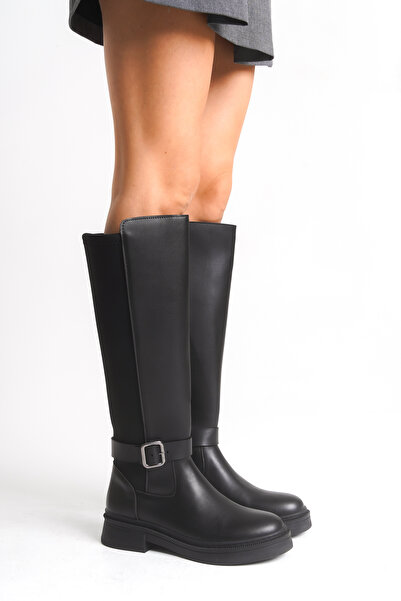 Bak Store Black Diver Fabric Detailed Flexible Below-The-Knee Women's Riding Boots Thick Soled