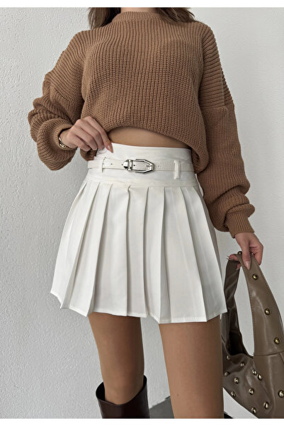 asfamoda Дамски бели шорти с подплата и колан, с плисирана зимна мини пола