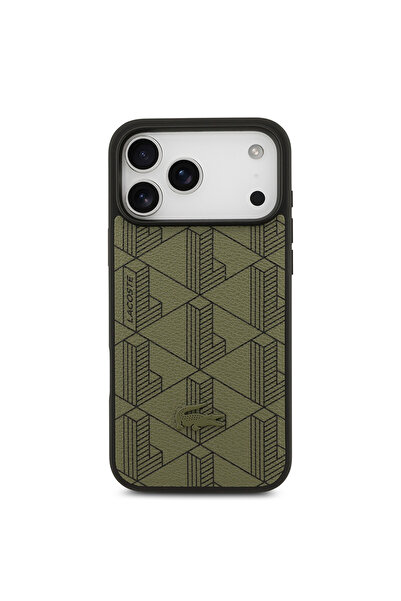 Lacoste iPhone 17 Pro Max Kılıf Lisanslı M-safeli PU Deri Kartlıklı Karışık Monogram Desenli Yeşil