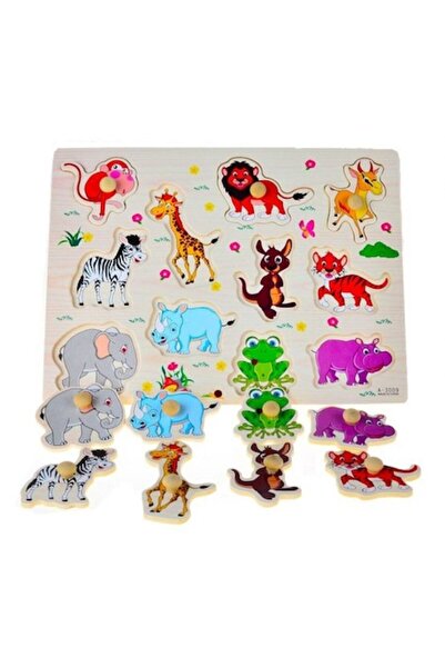 ALİBEİBEİ Puzzle din lemn cu animale din savană și mâner auxiliar - 11 piese