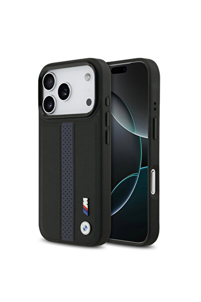 BMW iPhone 17 Pro Uyumlu Kılıf Lisanslı M-safeli Deri Metal Logolu Delikli Şerit Tasarım Kapak Mavi