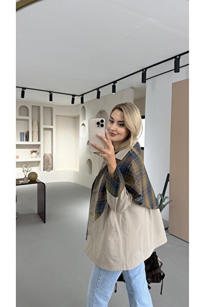 Sezgi Tekin Ekose Astarlı Şal Detay Taş Oversize Trenç