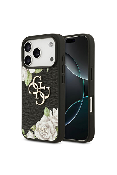Guess iPhone 17 Pro Uyumlu Kılıf Orjinal Lisanslı Gül Baskılı Büyük Metal Log...