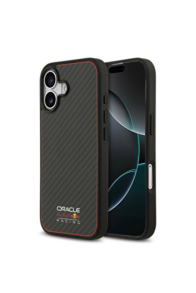 Red Bull iPhone 17 uyumlu Kılıf Redbull Lisanslı M-safeli Karbon Fiber Parlayan Logolu Kevlar Kapak Siyah