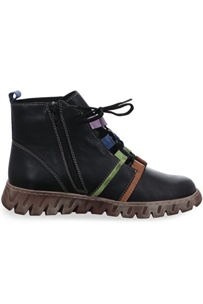 İNZE AYAKKABI Black Genuine Leather Zippered and Lace-Up Boots