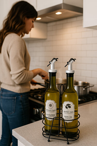 Blissra Set of 2 Modern Glass Oil Bottles • Olive Oil & Liquid Oil Bottle • Stylish & Convenient for Kitchen Countertop
