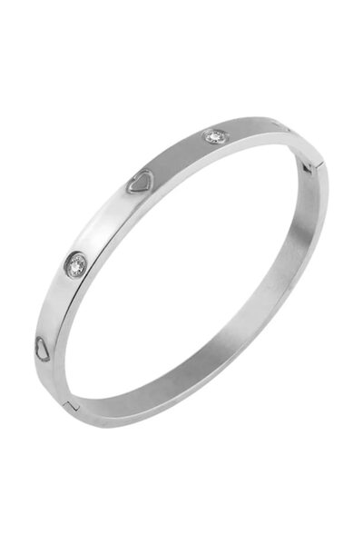 Tessero women's fixed bangle bracelet with zirconia and engraved hearts, stainless steel, 18K gold p