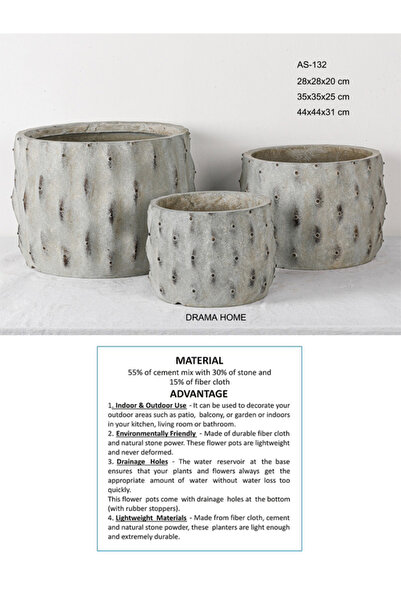 DRAMA HOME Set of 3 stone cement planters for plants and artificial trees with a modern and lightweight design for indoor and outdoor use.