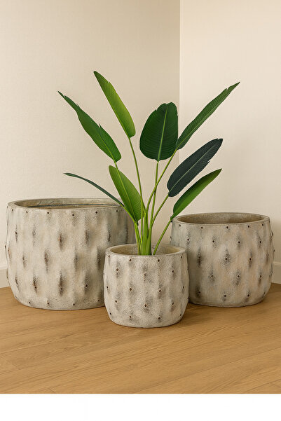 DRAMA HOME Set of 3 stone cement planters for plants and artificial trees with a modern and lightweight design for indoor and outdoor use.