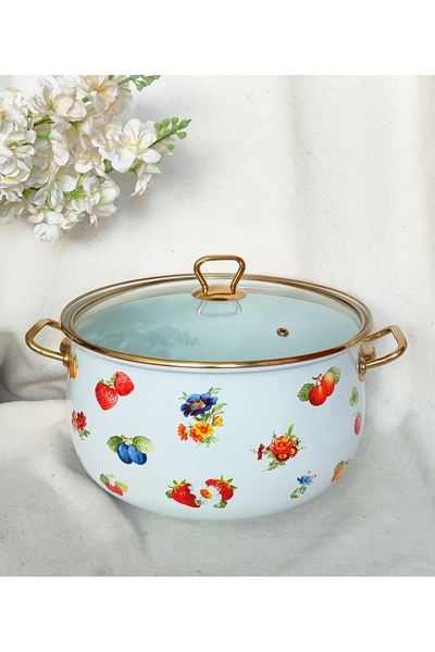 EBRULİEMAYE Strawberry Enamel Lux Pot Large Size 8-Liter Milk Yogurt Cheese Canned Stew Jam Pot