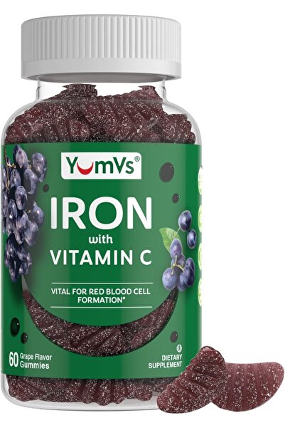 YUM -V'S Iron Gummies مع فيتامين سي، 10 ملغ - بنكهة العنب، نباتي، كوشير، غير ...