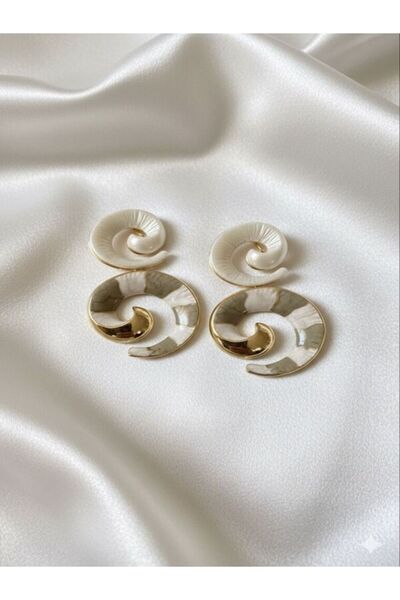 RÜYA KUTUSU TAKI EVİ Zara Muadili Beyaz Ve Bej Mineli Büyük Boy Spiral Deniz Kabuğu Küpe