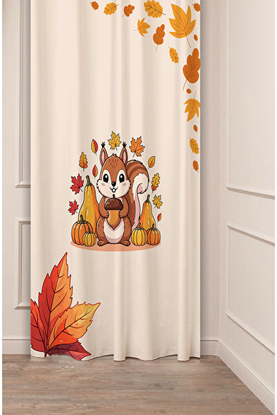 GREENDECOR Autumn Golden Leaf Squirrel Nut Nature Patterned Special Design Digital Printed Stylish Style Background Curtain