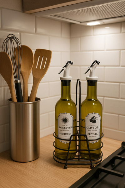 Blissra Set of 2 Modern Glass Oil Bottles • Olive Oil & Liquid Oil Bottle • Stylish & Convenient for Kitchen Countertop