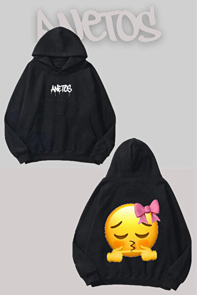 Anetos UwU Emoji Spate cu imprimeu Negru cu glugă Swea tricou