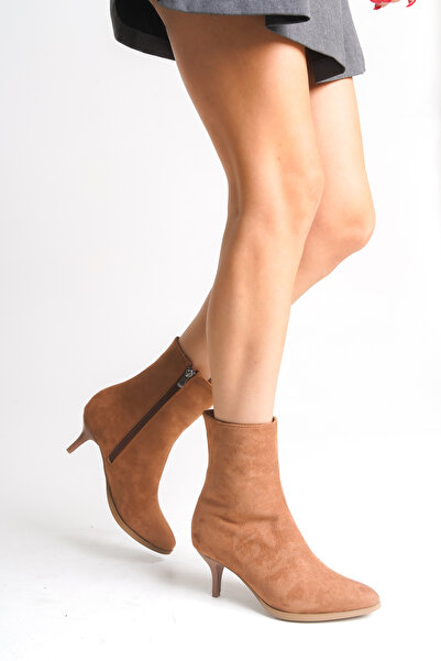 Bak Store Tan Suede Short Pointed Heeled Women's Boots