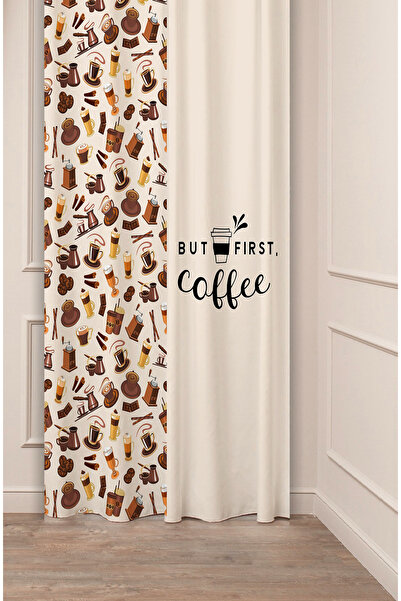 GREENDECOR Coffe Time Espresso Latte Coffee Time Bohemian Patterned Special Design Digital Printed Stylish Style Background Curtain