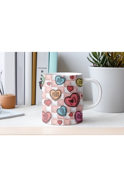 Beramussa كوب على شكل قلب ونقش مربعات ثلاثي الأبعاد - تصميم وردي رومانسي - بد...