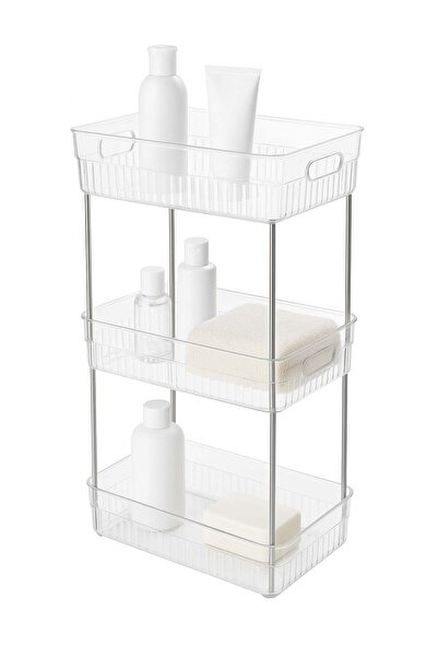 SUPPLIER 3-Tier Bathroom Storage Organiser, Makeup Organizer Shelf | Clear Plastic Shelves with Metal Poles
