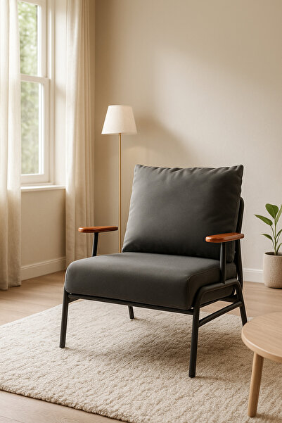 MARIA HOMES كرسي استرخاء رمادي عصري - كرسي بإطار معدني مميز مع مساند ذراع خشبية ومقعد مبطن