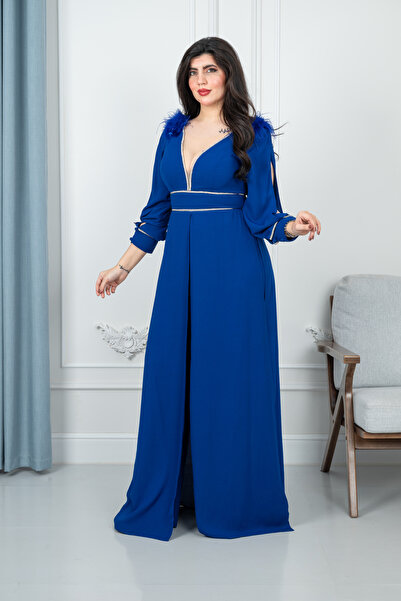 Lara Luxurious blue jumpsuit with feather detailing on the shoulders