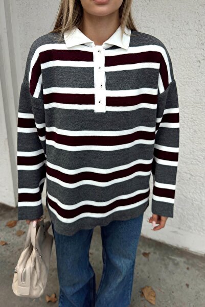 Swist Füme Polo Yaka Kalın Çizgili Kadın Triko Kazak