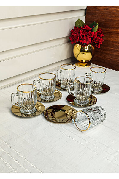 SEÇKİNEV 12 Pieces Timeless Gold Metal Plate Coffee & Tea Cup Set Real Gold Gilded