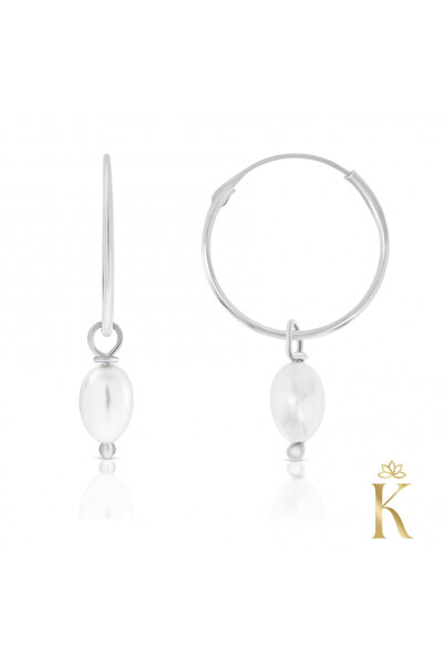 KALINI Girls' and women's earrings, 14K white gold, 13 mm creoles with small pearl pendant