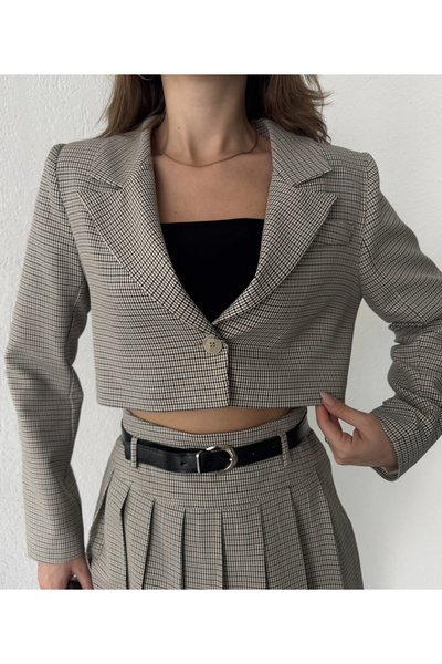 asfamoda Jachetă crop căptușită cu un singur nasture pentru femei Pitikareli