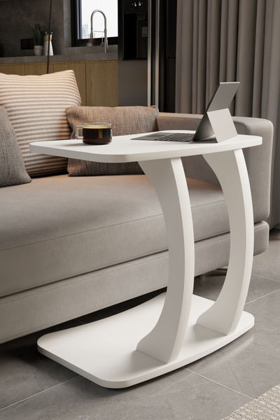 eda hacıoğlu edam bedding group Beyaz Dikdörtgen C Model Yan Sehpa Hareketli Tekerlekli Yan Laptop Masası