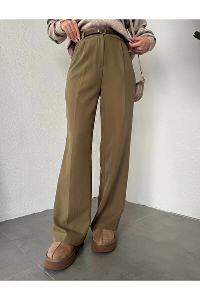 asfamoda Kadın Haki Pileli Tam Kalıp Bel Oturtmalı Geniş Paça Palazzo Pantolon
