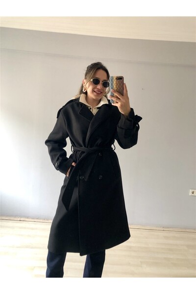 Gözde Tasarım Butik معطف نسائي أسود اللون مبطن بحزام