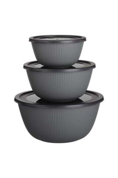 Aneliz Set of Grey Plastic Bowls with Lid (0.5 L - 1 L - 2 L) - 3 pcs