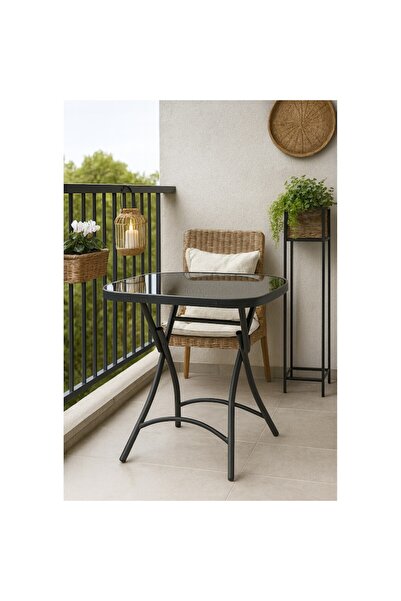 OEM Square folding tempered glass table, Ø 60 cm, rounded corners, black