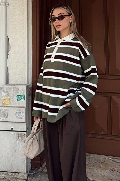 Swist Khaki Polo Neck Thick Striped Women's Knitwear Sweater