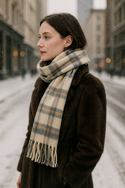 REMSA Plaid Patterned Scarf Shoulder Shawl 45X200 cm 1297 Beige