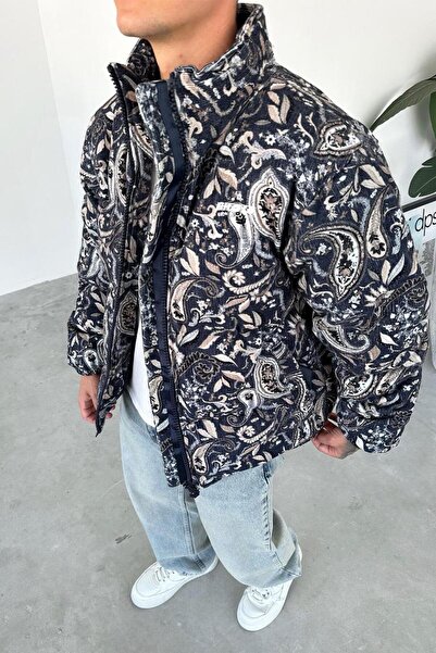 HAFKAGİYİM Синій вельветовий пуховик з візерунком