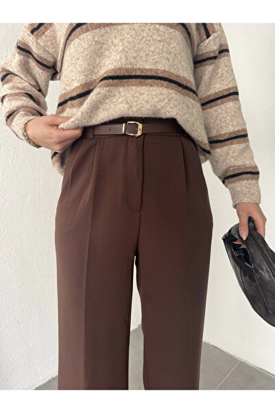 asfamoda Kadın Kahverengi Pileli Tam Kalıp Bel Oturtmalı Geniş Paça Palazzo Pantolon
