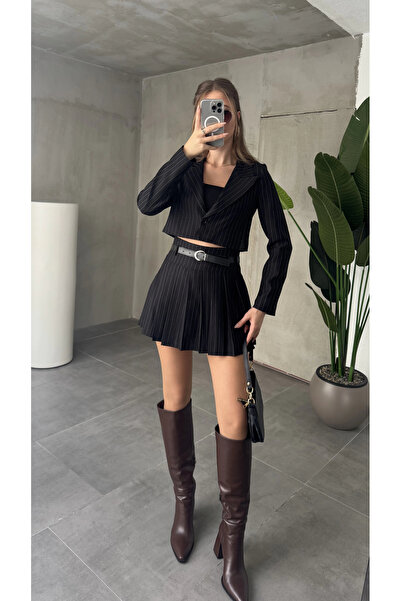 asfamoda Γυναικείο μαύρο ριγέ μπουφάν με μονό κουμπί με επένδυση