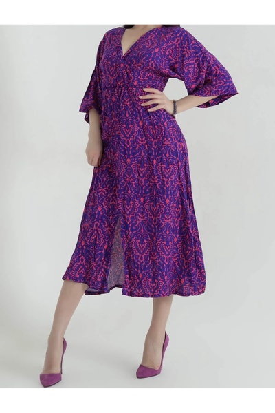 Butik Lena SAKS MAVİSİ YITMAÇLI DOKUMA VİSKON ELBİSE