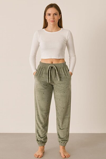 Pemilo Women's Pocketed Leggings with Elasticated Cuffs Velvet Single Bottom Green