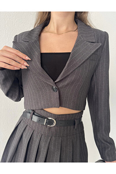 asfamoda Jachetă crop căptușită cu un singur nasture pentru femei, antracit