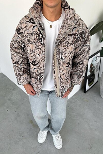 HAFKAGİYİM Μπεζ μοτίβο βελούδινο πουπουλένιο παλτό