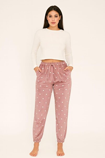 Pemilo Women's Pocketed Polka Dot Elasticated Leg Velvet Single Bottom Gül Kurusu