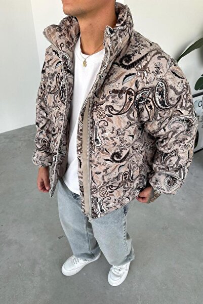 HAFKAGİYİM Μπεζ μοτίβο βελούδινο πουπουλένιο παλτό